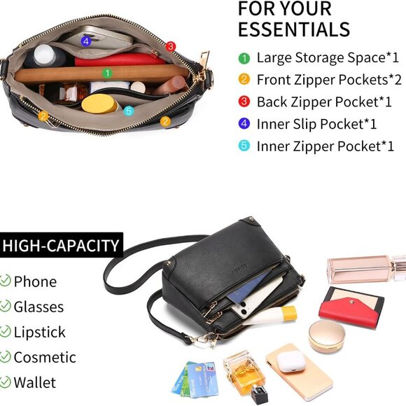 Elegant Vegan Leather Crossbody Bag for Women - Multi Pocket Satchel Purse - Picture 2 of 6